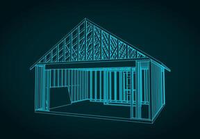 Timber frame house under construction blueprint vector