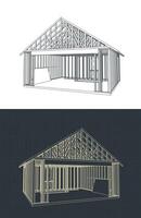 Timber frame house under construction blueprints illustrations vector