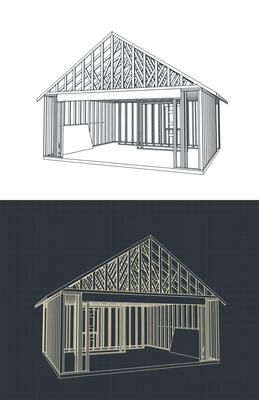 Timber frame house under construction blueprints illustrations