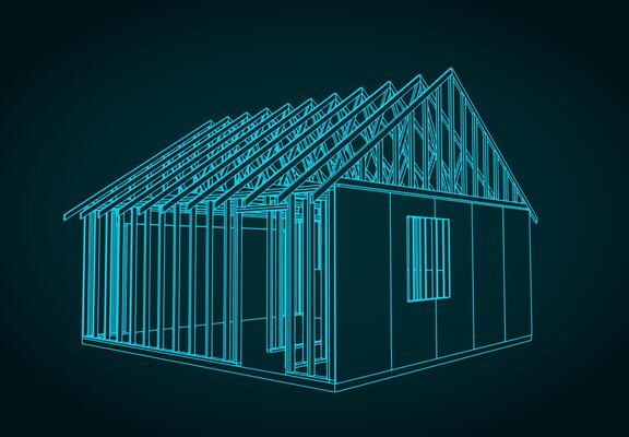 Timber frame house under construction blueprint illustration