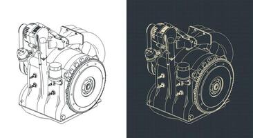 Wankel rotary engine isometric blueprints illustrations vector