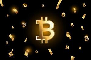 Golden bitcoin celebration confetti burst on isolated black background vector