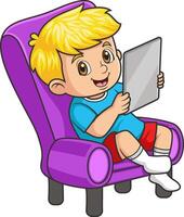 a boy on the sofa while using smartphone vector
