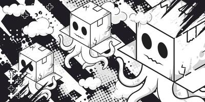 Black and white abstract grunge background with tentacle box object vector