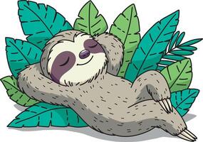 Sloth relaxing in a pile of leaves illustration vector