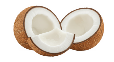 Rich brown husks and creamy white meat are displayed in two entire and one divided coconuts, creating a tantalizing picture of summertime enjoyment. png