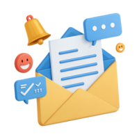 3D Render of an Open Email with Notification Icons Happy Emojis Bell and Checkmarks png