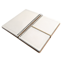 Open spiral bound grid notebook with a beige bookmark ready for notes and ideas png