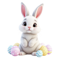 A cute white rabbit sitting on a pile of colorful eggs png