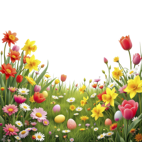 Easter flowers and eggs on a grassy field png