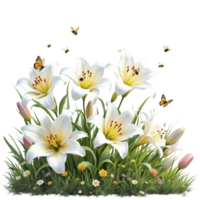 White lilies and butterflies are in the grass png