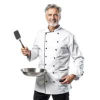 A man in a chef's uniform holding a pan png