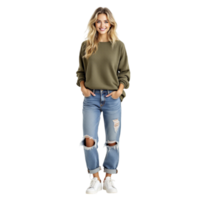 The model wears a green sweater and ripped jeans png