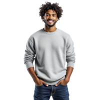 Man in a grey sweatshirt standing in front of a black background png