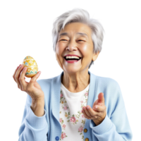 An older woman holding an egg and smiling png