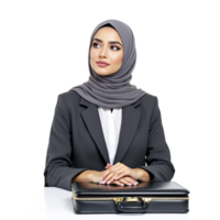 A woman in a hijab sitting at a desk with a briefcase png