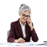 A woman in a business suit is sitting at a desk and talking on the phone png