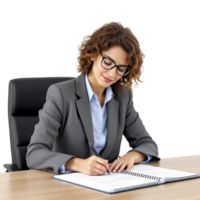 A woman in a suit and glasses is writing in a notebook png