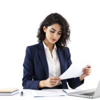 A business woman is sitting at her desk with a piece of paper png