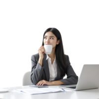 A woman in a business suit is sitting at a desk with a cup of coffee png