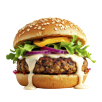 A hamburger with cheese and vegetables on a black background png