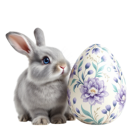 A small gray rabbit is next to a large white egg png