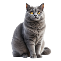 A gray cat with yellow eyes sitting down png