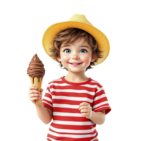 A little boy in a yellow hat holding an ice cream cone png