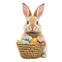 A brown rabbit is sitting in a basket with eggs png