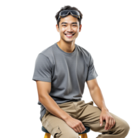 A man in a grey shirt and khaki pants sitting on a stool png