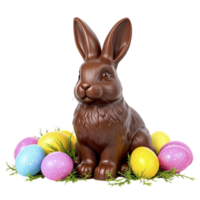 Chocolate easter bunny with colorful eggs png