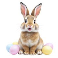A brown rabbit sitting in front of a bunch of easter eggs png