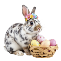 A rabbit with a flower in its hair is sitting in a basket with colorful eggs png