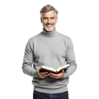 A man in a sweater holding an open book png