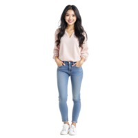 Asian woman in jeans and blouse standing in front of black background png