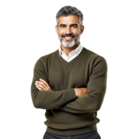 A man with a beard and sweater standing with his arms crossed png