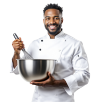 A smiling black man in a chef's uniform holding a mixing bowl png