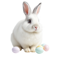 A white rabbit with colorful eggs sitting in front of a black background png