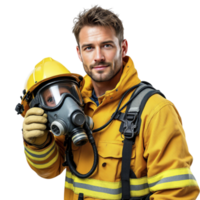 A man in a fireman outfit holding a gas mask png