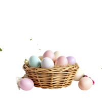 A basket filled with colored eggs on a black background png