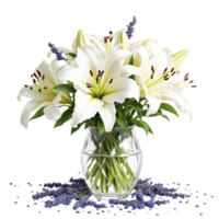 White lilies in a glass vase with lavender png