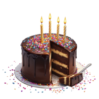 A chocolate cake with candles on top and sprinkles png