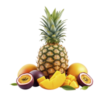 A pineapple, mango and other fruits are arranged on a black background png