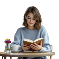 A woman is reading a book while sitting at a table png