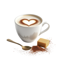 A cup of coffee with a heart shape on top and a spoon png