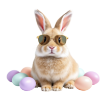 A rabbit wearing sunglasses and surrounded by easter eggs png