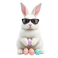 A white rabbit wearing sunglasses and holding eggs png