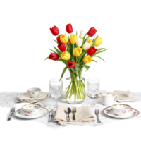A table with a vase of tulips and a table cloth png