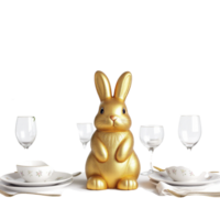 A gold bunny sitting on a table with a plate and wine glasses png