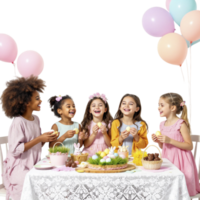A group of children sitting around a table with balloons png